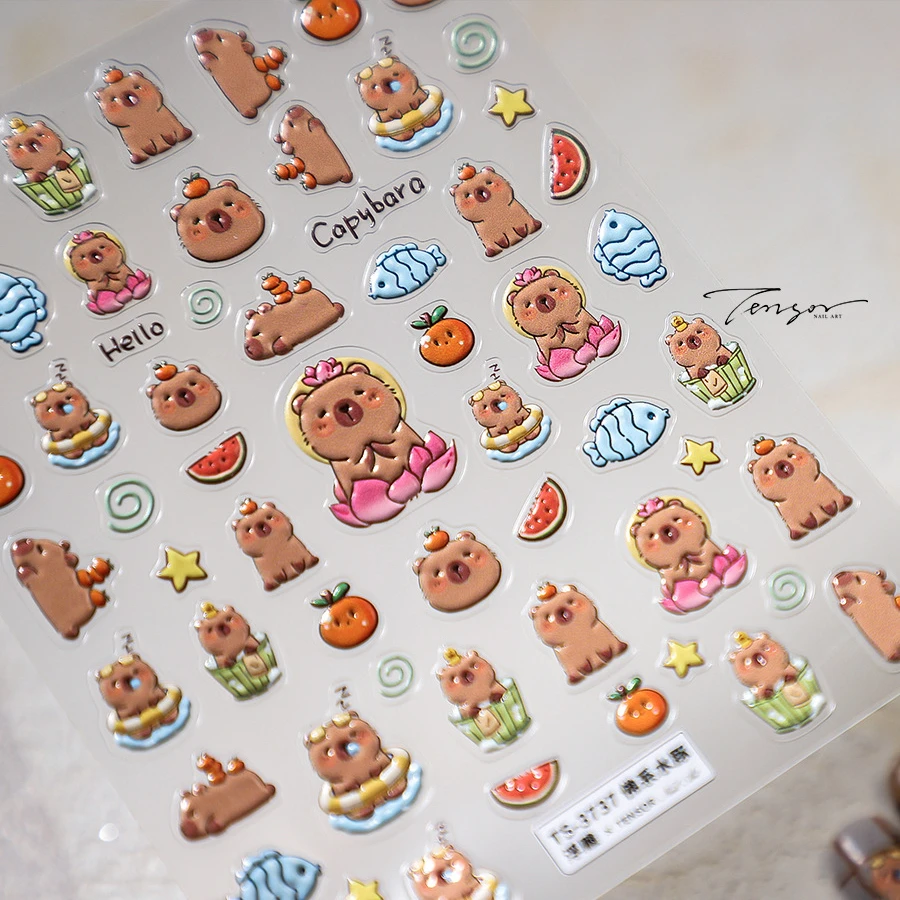 Lovely Cartoon Capybara Fish Watermelo 5D Soft Embossed Reliefs Self Adhesive Nail Art Stickers Cute Hamster 3D Manicure Decals