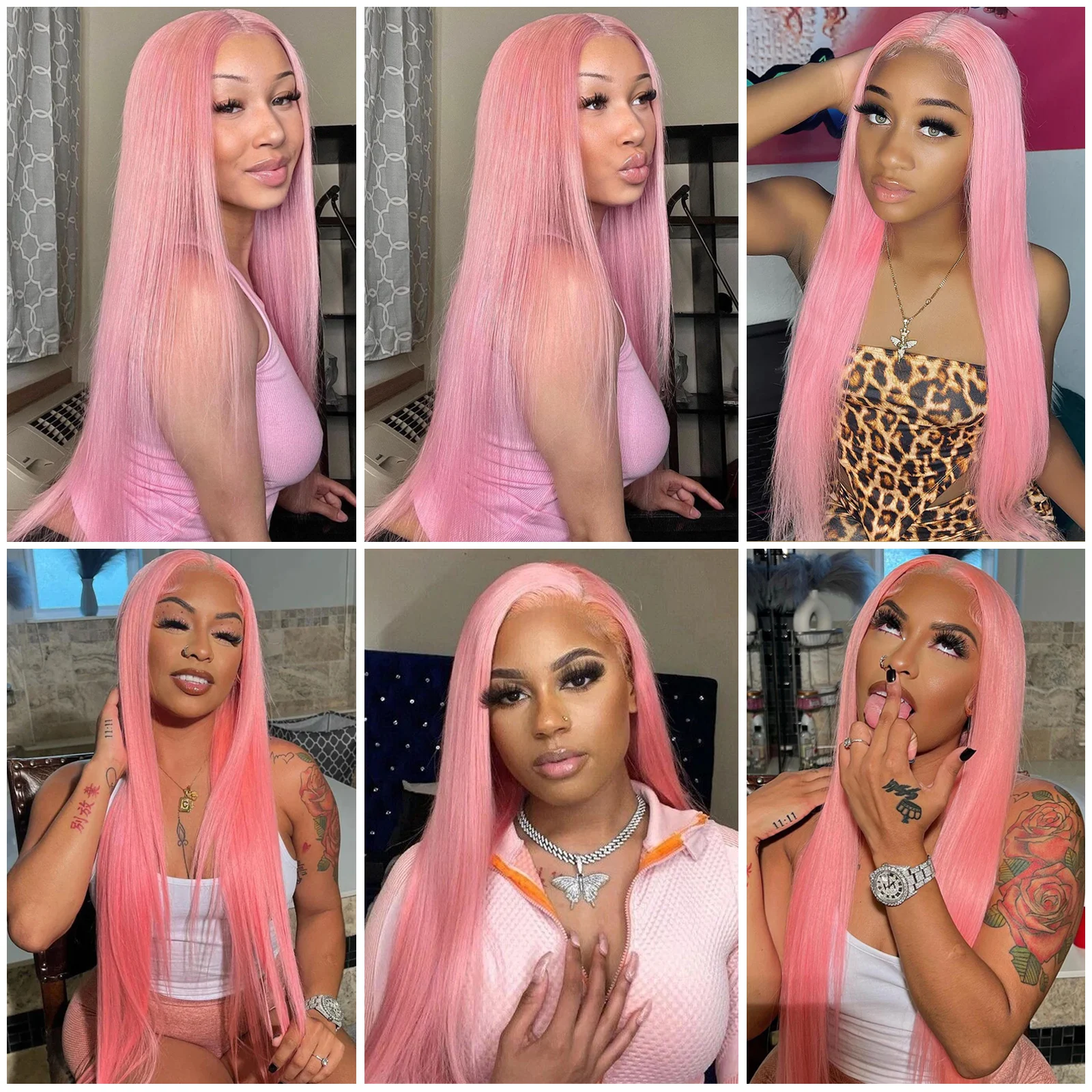 Perruque Synthétique Longue Vieux Rose - Cheveux Lisses - Inclut 4 Bonnets - Taille Moyenne - Neuve