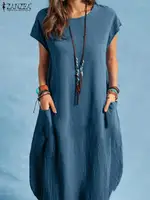 Oversized Vintage Short Sleeve Solid Sundress ZANZEA Women Summer Knee-length Dress Casual Loose Cotton Vestidos Beach Dresses - Image 2