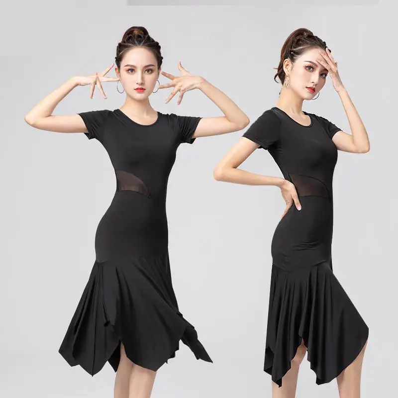 Latin Dance Skirt Woman Practice Dress 2022 Performance Mesh Black Short Sleeve Ballroom Modern Rumba Cha Cha Latin Dance Dress