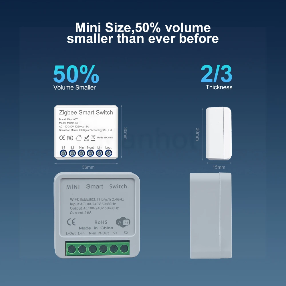 Smart Zigbee Mini Light Switch Module, 16A, with Voice Control Integration