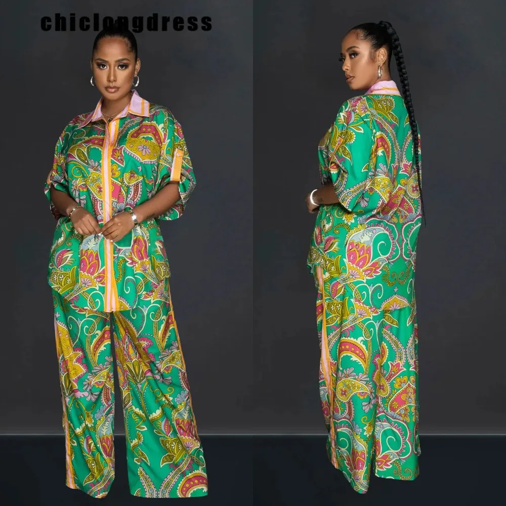 2-Piece Set for Women, Casual Loose Shirt, Wide Leg Pants, Fashion Printing, 2024 Autumn
