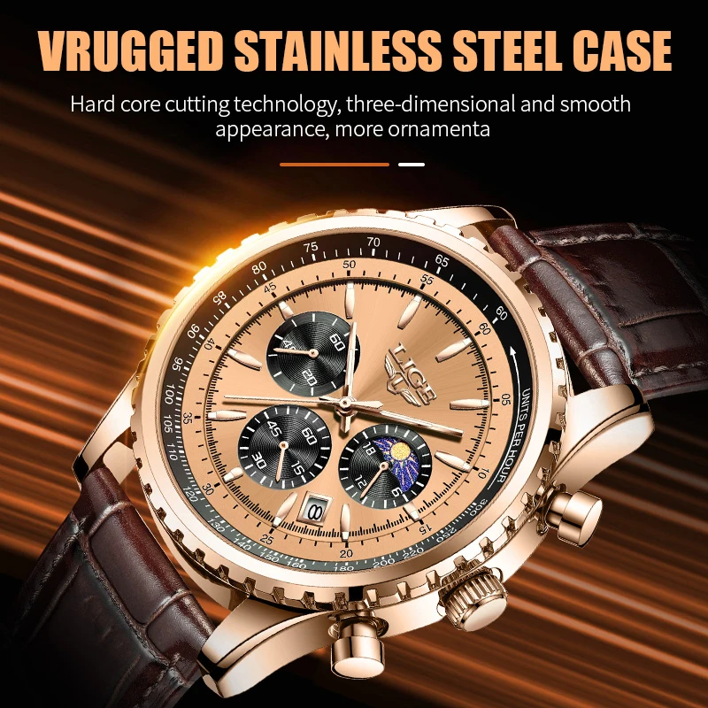 LIGE Fashion Leather Watches For Men Military Waterproof Chronograph Watch Men Casual Business Luminous Quartz Man Wristwatch