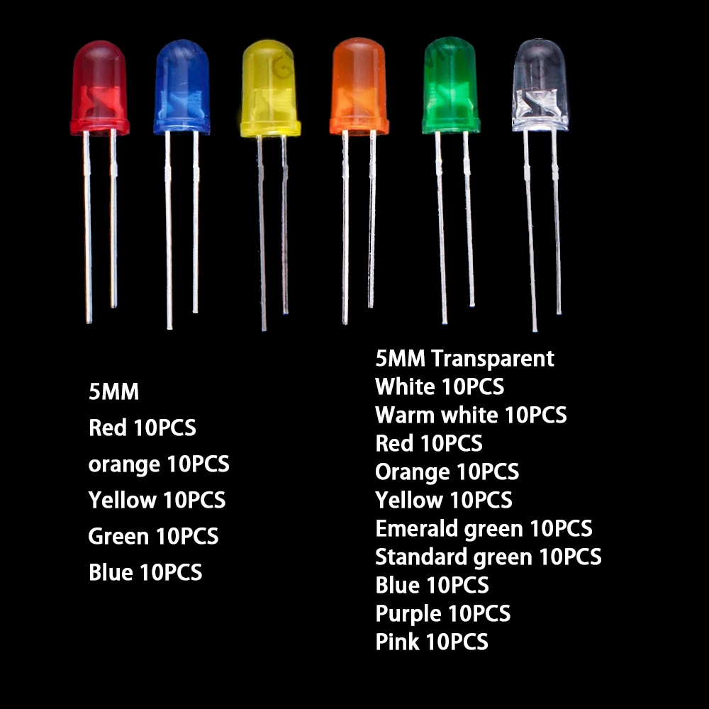 15가지 가치 ? ? 각각 녹색 파란색 10개 150개 빨간색 주황색 노란색 분홍색 발광 다이오드 LED 5mm 부품 상자 흰색 보라색
