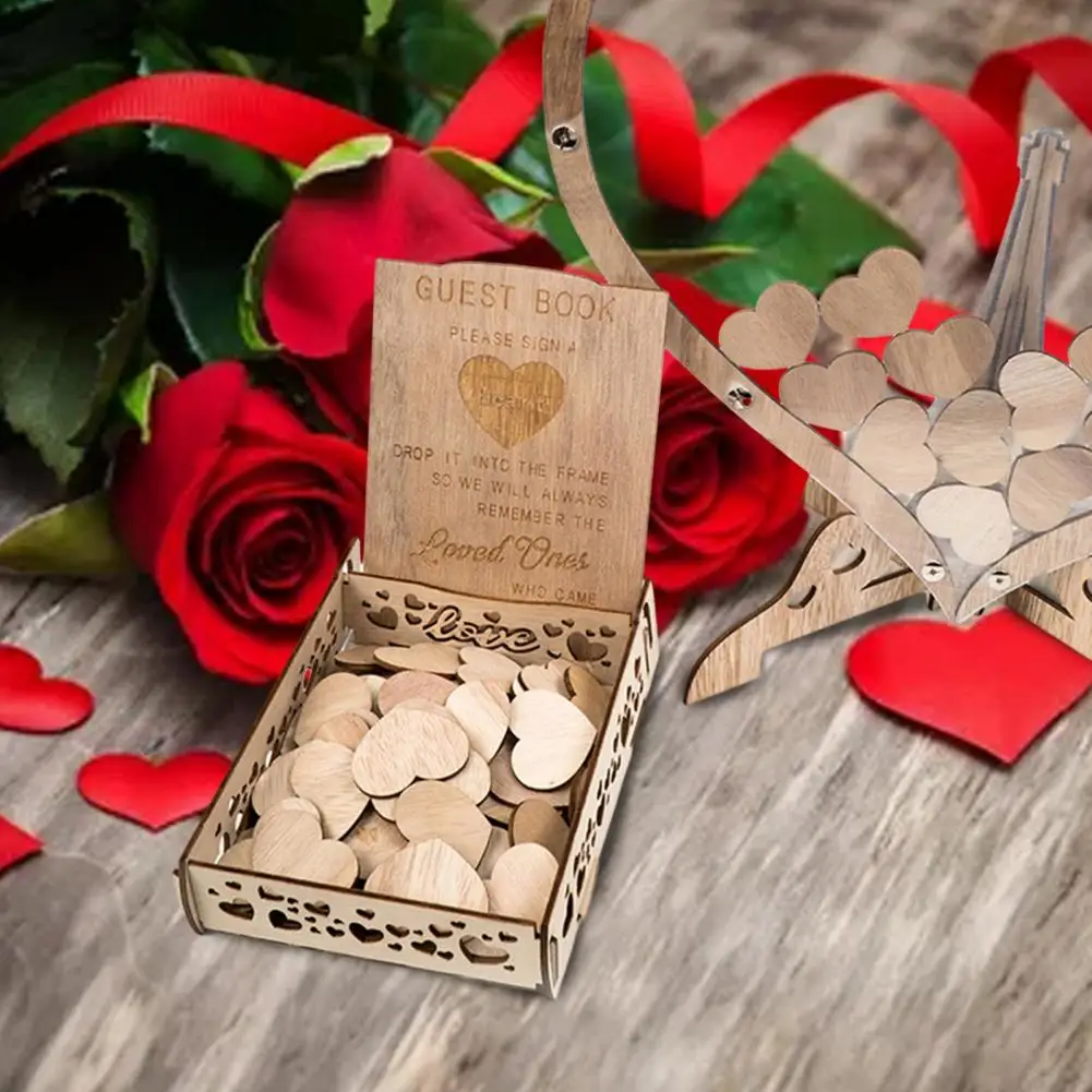 1 Set Wooden Love Heart Ornament with Guest Drop Box Mini Heart Sign Stable Stand Guest Book Wedding Heart-shaped Decoration