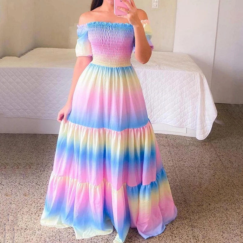 

Spring Summer Women's Rainbow Long Dress Fashion Sexy Off Shoulder Short Sleeve Printed Maxi Dresses Boho Party Vestidos Female