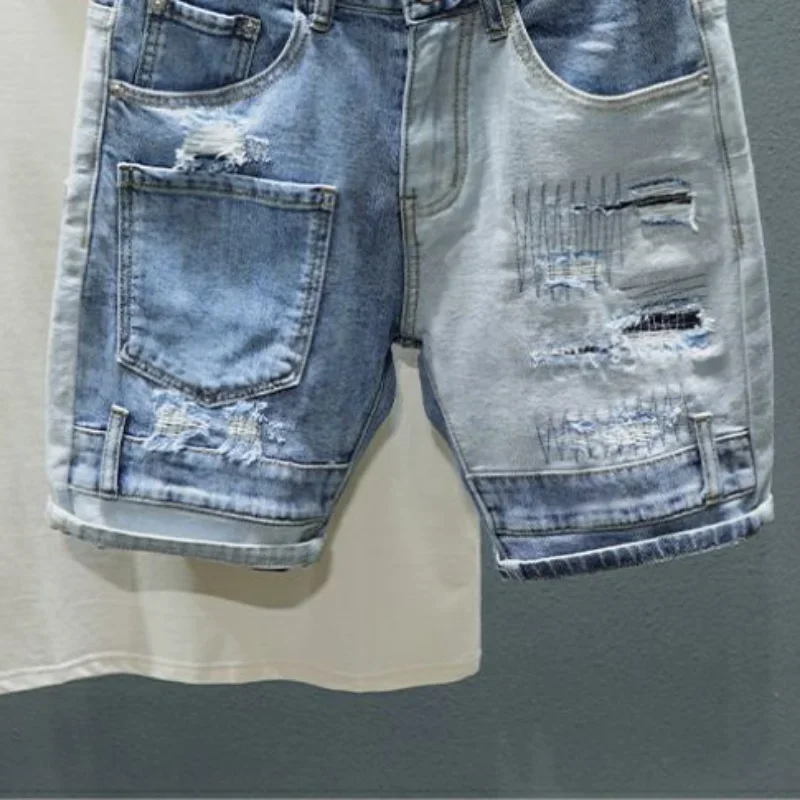 남성용 데님 반바지, 찢어진 스트레이트 청바지, 하라주쿠, 오리지널 힙합, 카우보이, 헐렁한 한국 패션, 여름