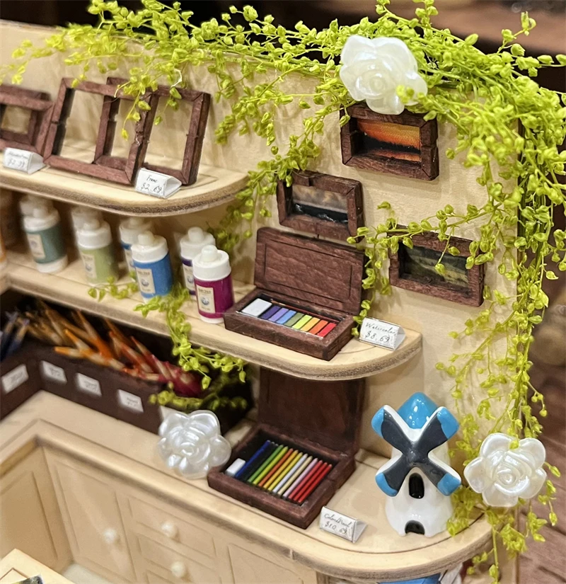 DIY Wooden Miniature Model Kit Paint Shop Casa 3D Puzzle Dollhouse With Furniture Lights Roombox Home Decor for Friends Gifts 5