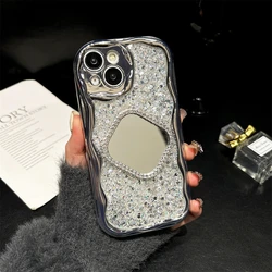Glitter 3D Love Heart Mirror Phone Case with Cream Grain Edge and Electroplate Finish - iPhone 13 (Square Shape)