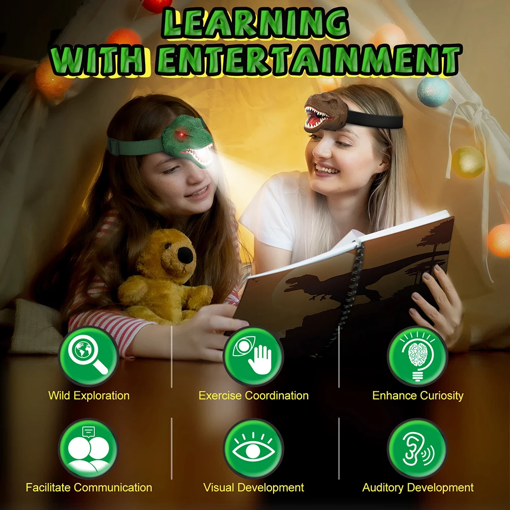 LED Dinosaur Kids Headlamp 90&deg; Rotation Novelty Simulation Dinosaur Headlamp 4 Modes Head Flashlight for Kids Ages 3+