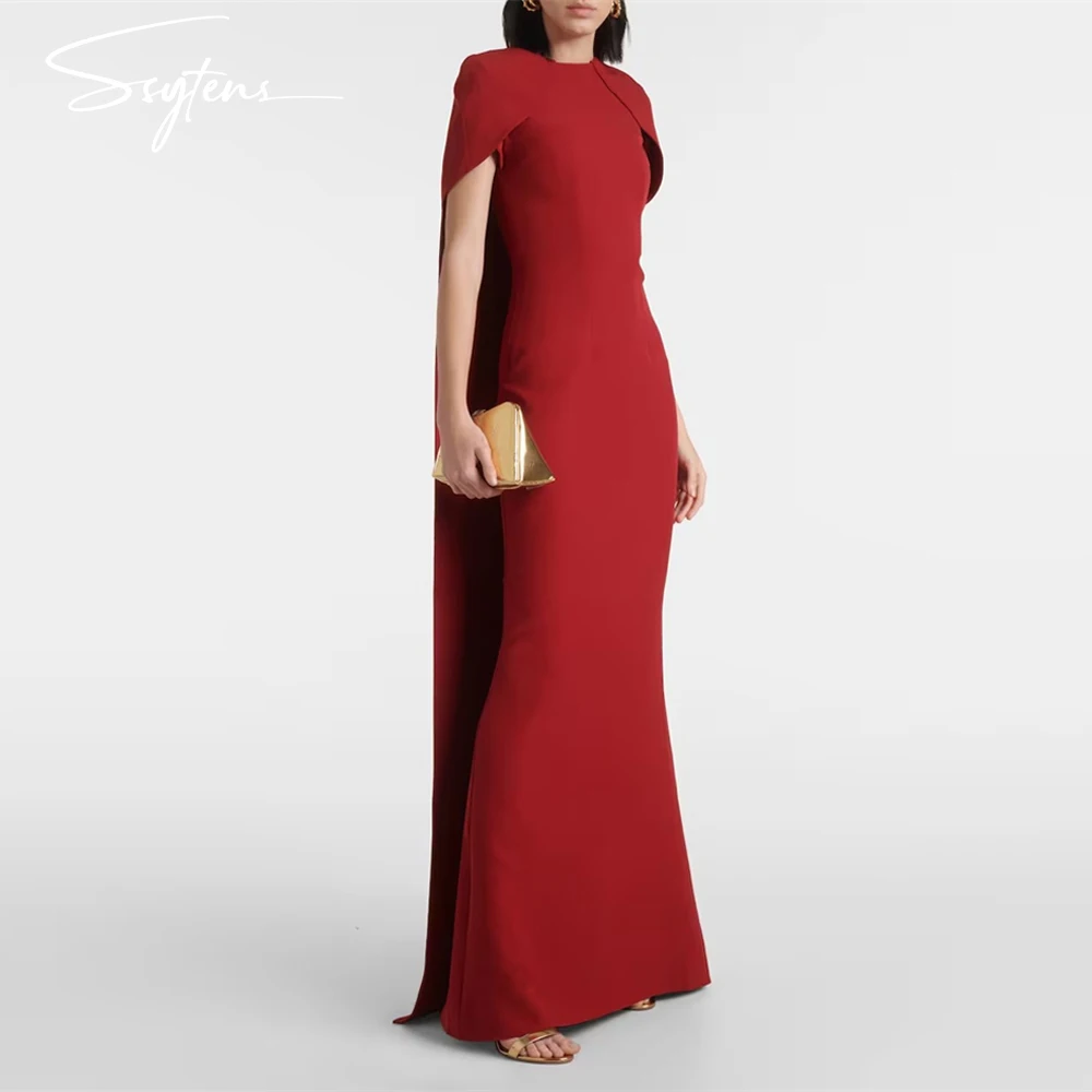 Chic Dark Red Long O Neck Mermaid Causal Prom Dresses Satin Cape Sleeves Formal Event Evening Party Gowns robes de soir&eacute;e Dress