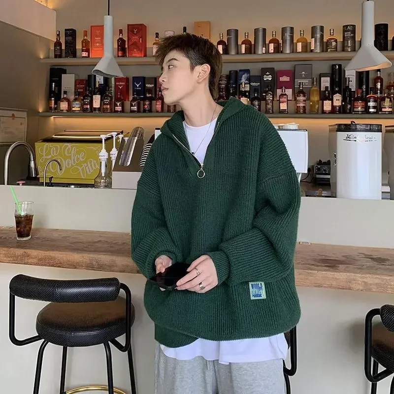 Korean style half zip hooded sweater for men in winter couple's loose trendy brand lazy style sweater casual sweater y2k clothes