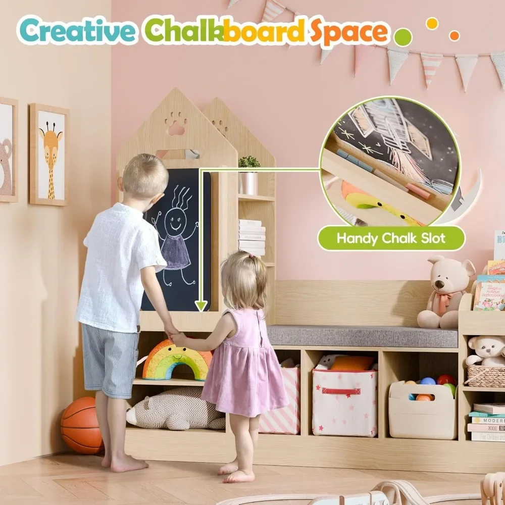 Kids Bookshelf with Reading Nook, Wooden Toy Storage Organizer with Chalkboard and Bench, Kids Reading Nook for Boys & Girls 3