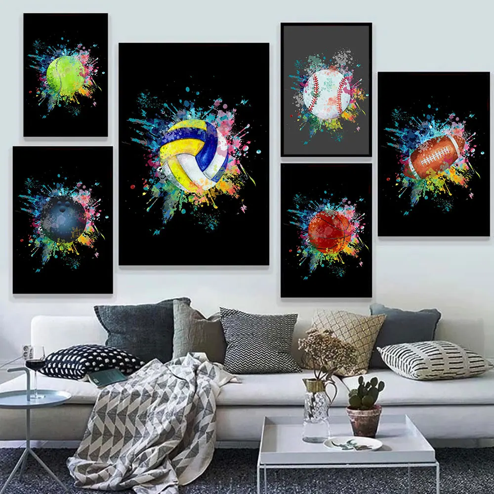 

Abstract Baseball Football Tennis Volleyball Color Explosion Posters Print Canvas Painting Wall Art Picture For Room Home Decor