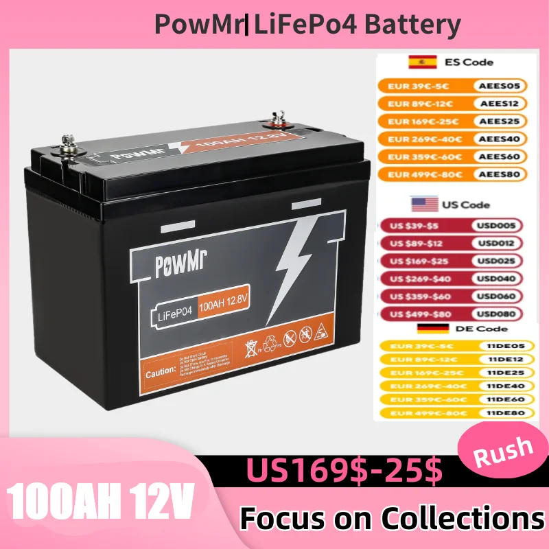 12.8V 100AH PowMr LiFePO4 Lithium Battery BMS 4 Parallel Series Lead-acid Energy Storage Battery For RV Boat Yacht Home