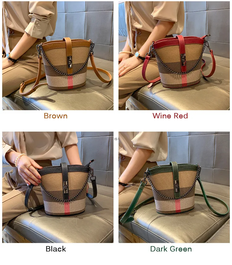 Nuove borse da donna con mini chiusura a catena a spalla intrecciata, tela eccellente con borsa a secchiello a tracolla in vera pelle scozzese_voghion.com