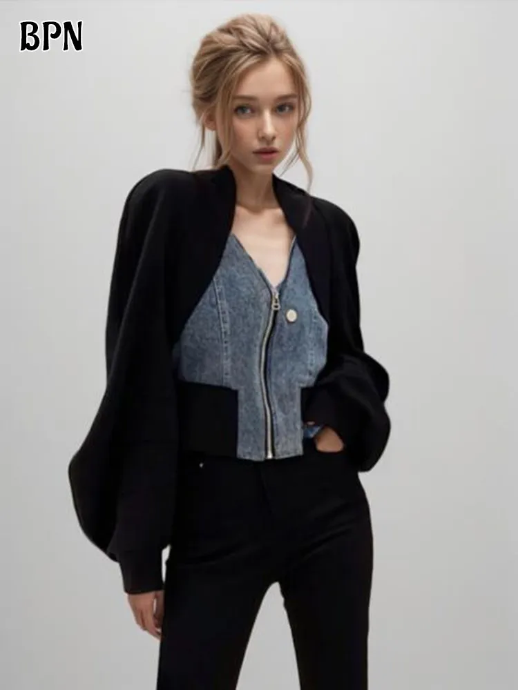 

BPN Hit Color Patchwork Denim Casual Jackets For Women V Neck Long Sleeve Spliced Zipper Slimming Coat Female Autumn Clothes New