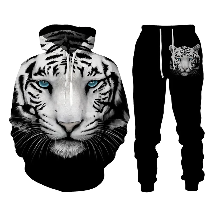 Men's Tracksuit Set Animal Tiger 3D Printed Casual Hoodie And Pants 2pcs Sets Spring Autumn Fashion Streetwear Man Clothing Suit