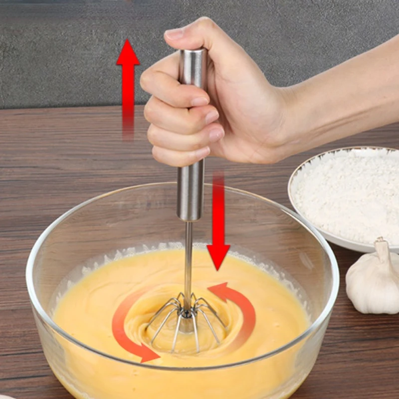 Egg beater Rotary whisk Semi-automatic Egg Beater Stainless Steel Whisk Manual Press Type Rotary Egg Beater Self Turning Stirrer Kitchen Accessories
