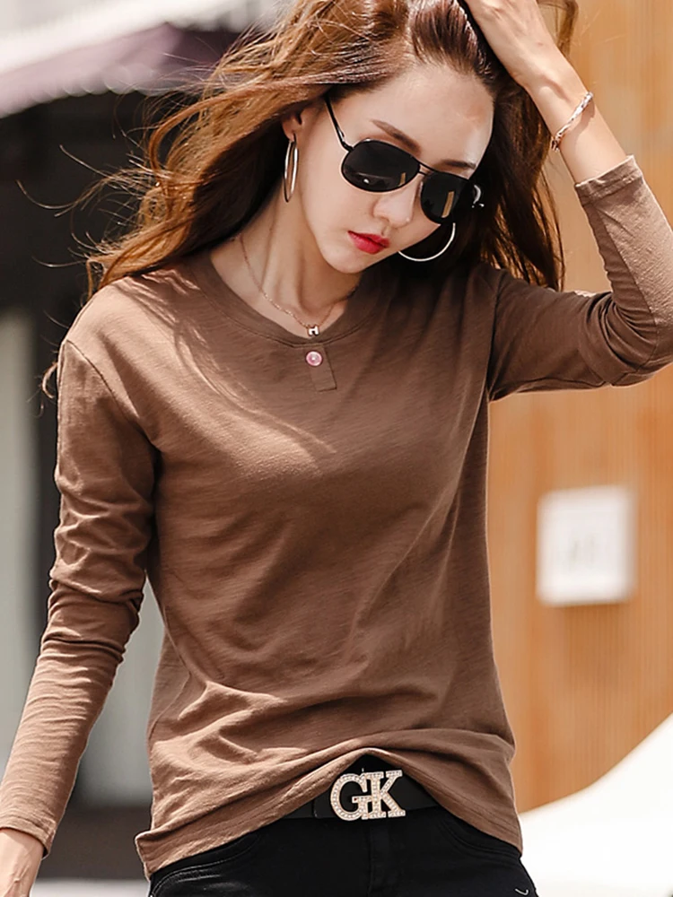 2025 Long Sleeve Spring Women Slub Cotton T Shirts Female