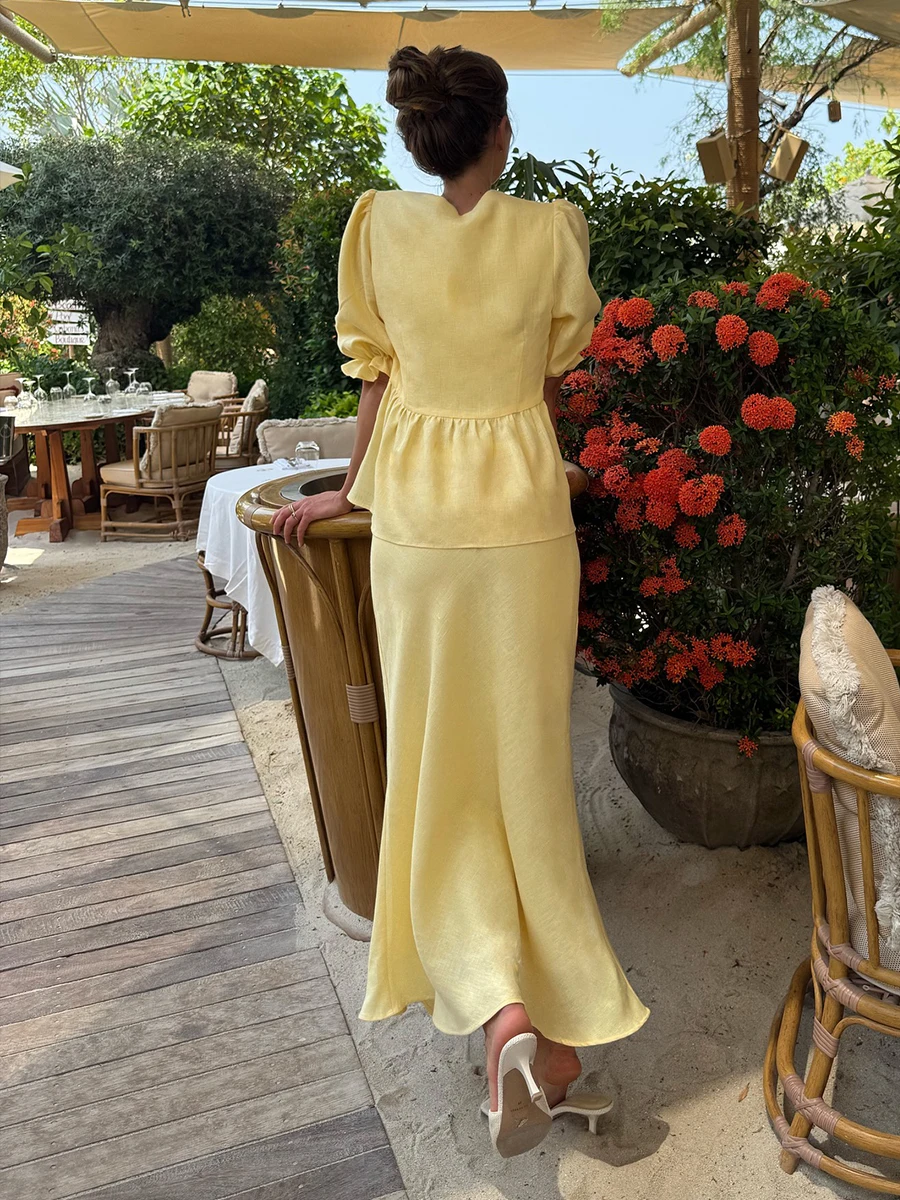 Bornladies 2025 Summer Women's 100% Cotton V-Neck Lace-Up Bubble Sleeve Shirt  Long Skirt Set Loose Casual Two-Piece Suit