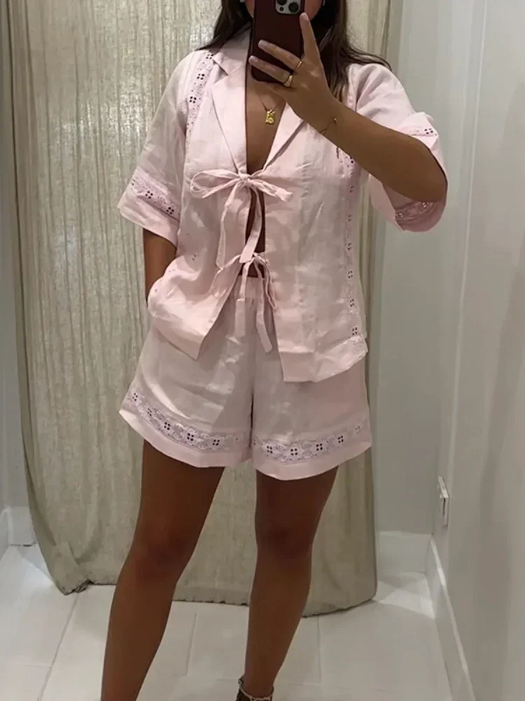 Solid Hollow Out Lace-up Short Sleeves Shirt Suits Women Causal Loose High Waist Shorts Sets 2024 Summer Lady Holiday Streetwear