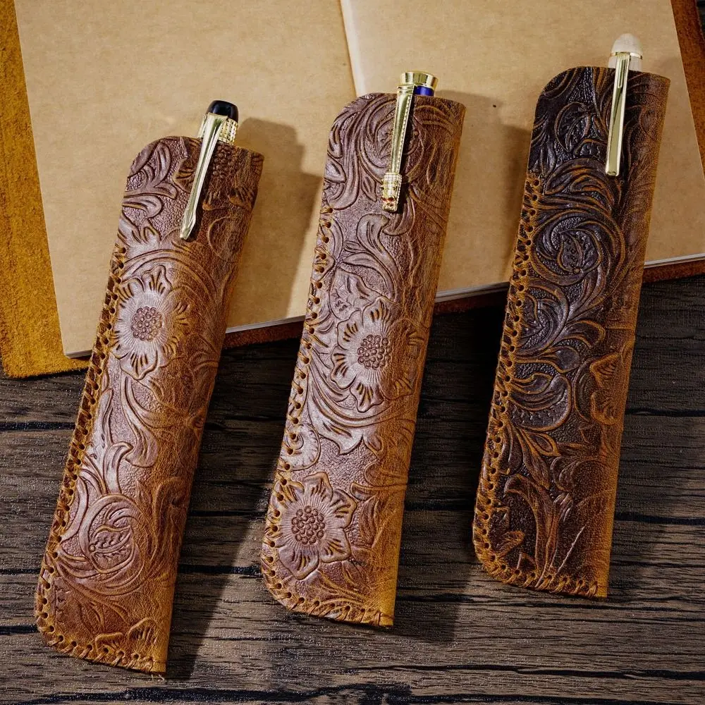 

Retro Storage Pen Bag Genuine Leather Creative Brown Embossing Flower Pen Pencil Pouch Gift Protection Creat Case Portable New