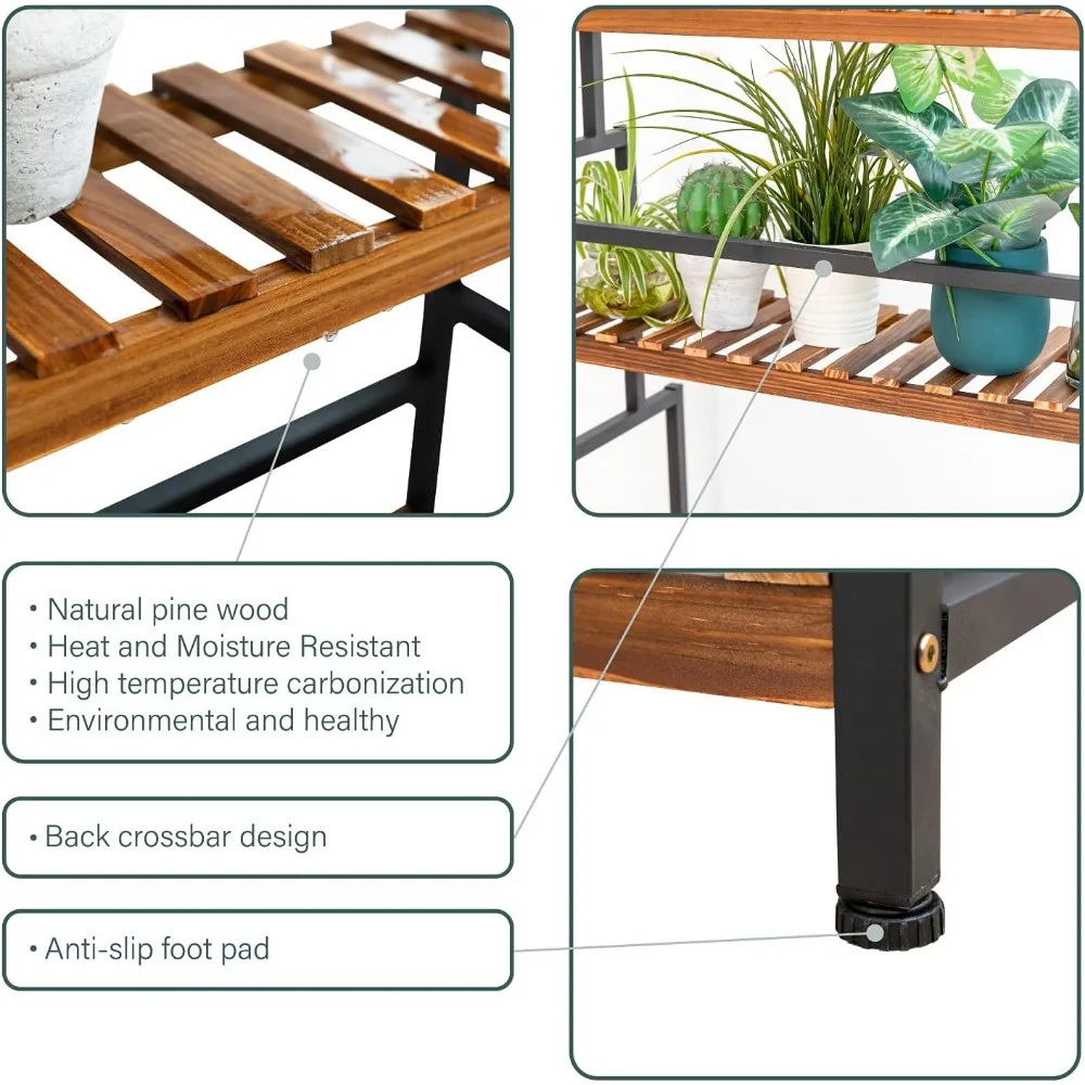 ULIKE Plant Stand Outdoor Indoor Hanging Plant Shelf for Multiple Plants 3 Tier Tall Stand Wood Rack with Metal Frame for