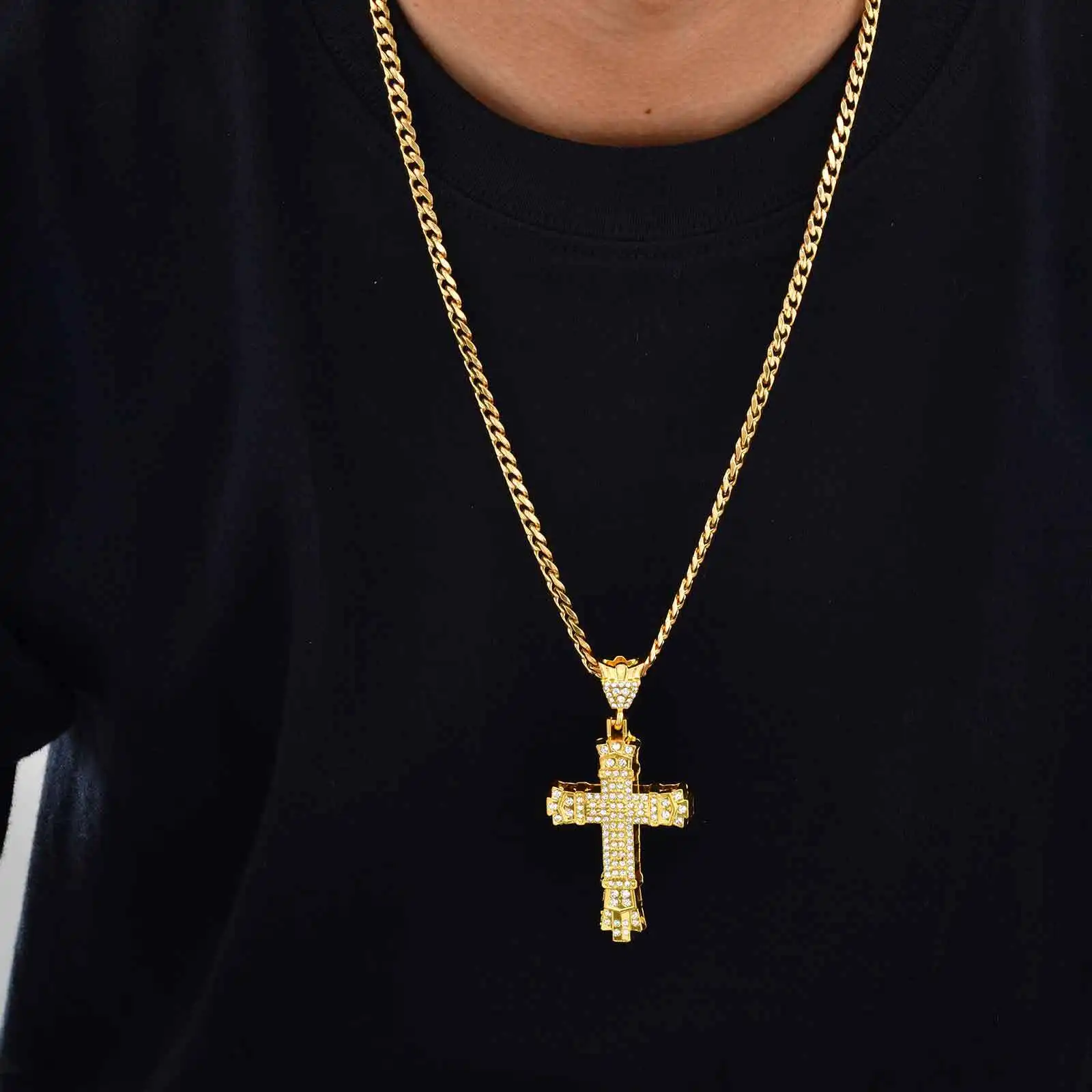Hip-Hop Strass-Kreuz-Halskette für Männer und Jungen, Punk-Rap Street Cool Kreuz-Metallanhänger-Halskette, Geburtstagsgeschenk für Ehemann und Vater – Detail 1