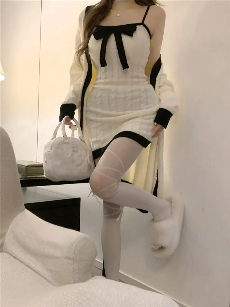 Elegant Knitted Two-Piece Set Women Bow Designer Sweet Party Dress Set Female Korean Style Sweater Mini Dress Suit Winter