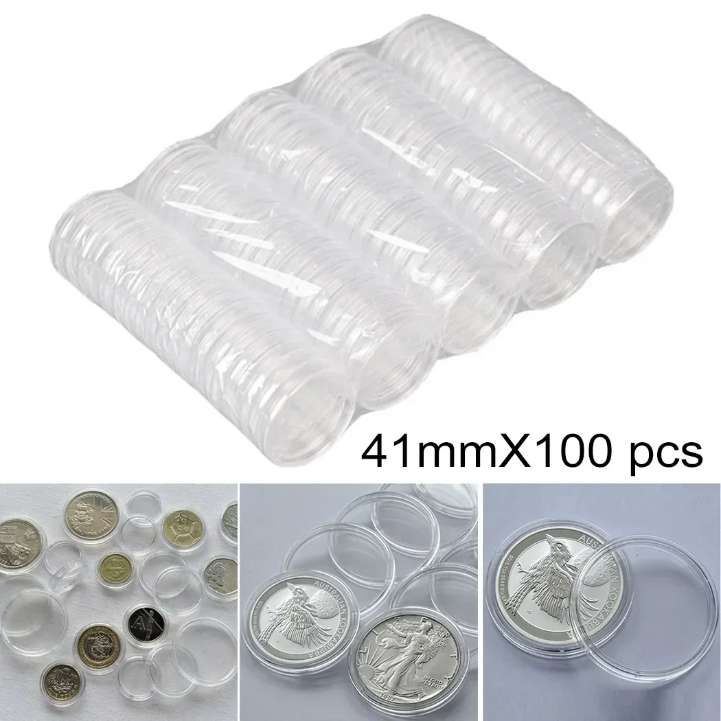 100pcs Transparent Round Boxes Coins Collection Large Capacity Plastic Capsules Cases 41mm*100 Capsules 1oz Coins Box Home 5