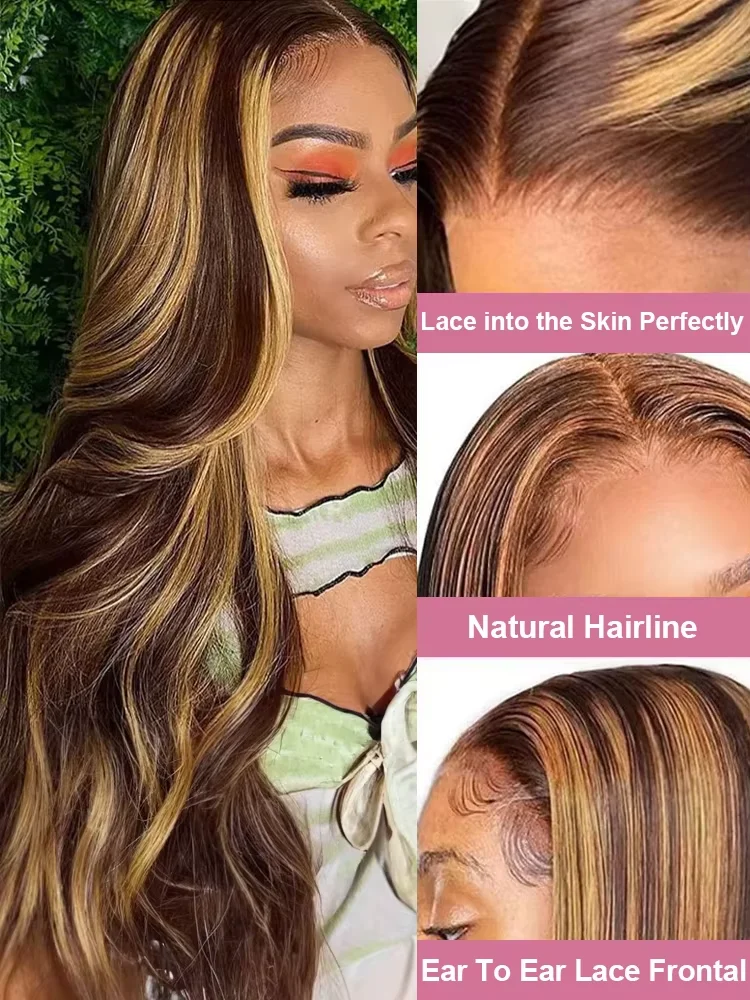 220% Density Highlight 13x4 13x6 HD Lace Frontal Wigs For Women P4/27 Colored Body Wave Lace Front Wigs 30 36 Inch Remy Hair Wig