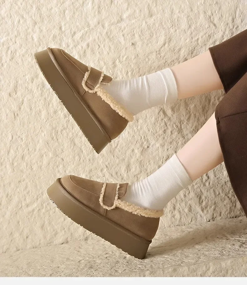 Women's Thick Soled Snow Boots Autumn Winter Plush Boken Shoes Retro Height Increasing Warm Anti Slip Cotton Shoes Loafers