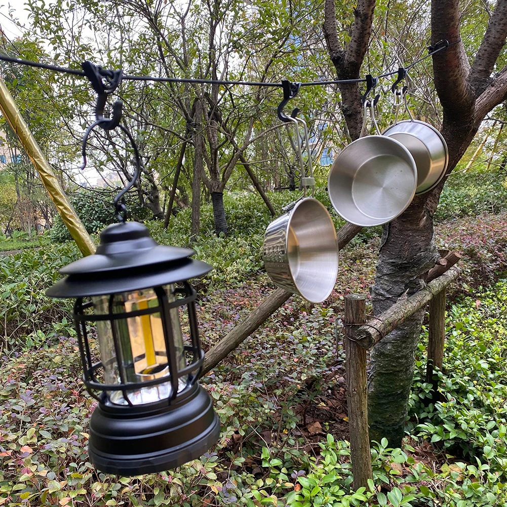 Camping Clothesline Non-slip Camping Hanger Rope Portable Travel Windproof Adjustable with 7 Hooks for Home Picnic Hiking