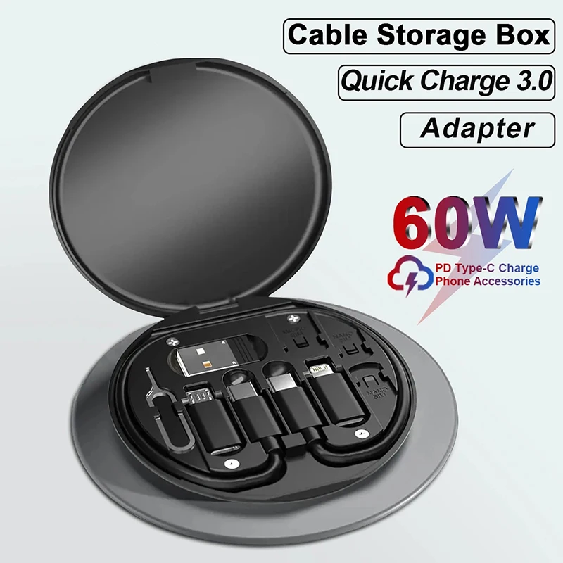 Charging Cable Storage Box 60W USB Data Cable Fast Charge Line Storage Box Multifunctional Mini Digital Electronic Gadgets Organizer Card Removal Pin Set