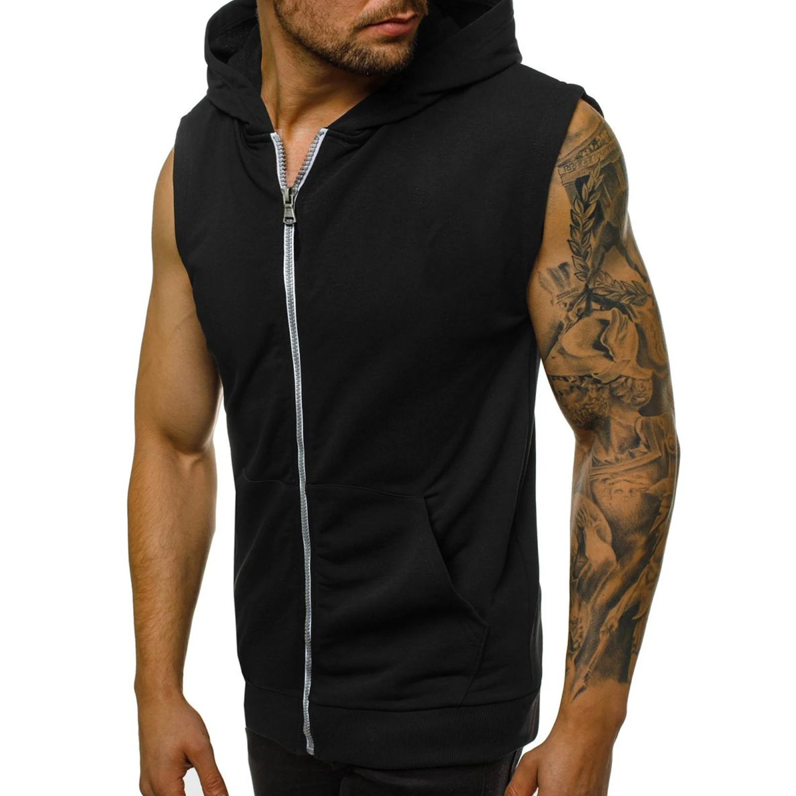 Mens Sleeveless Sport Tops Man Breathable Gym Fitness Workout Tank Top Solid Color Casual Zipper Hoodie Hooded Sweat