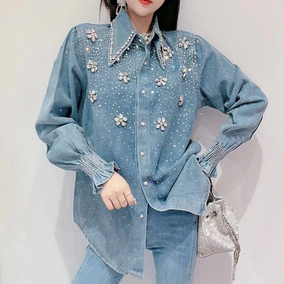 Crystal Studded Denim Shirt & Jeans Set