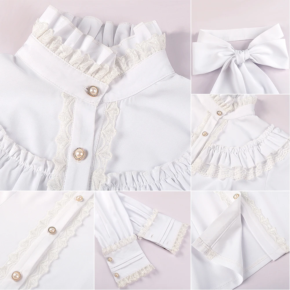 New Vintage Victorian Ruched Lace Shirts And Blouses Gothic Lolita Long-Sleeve Ruffles Solid Black White Tops Shirt For Women