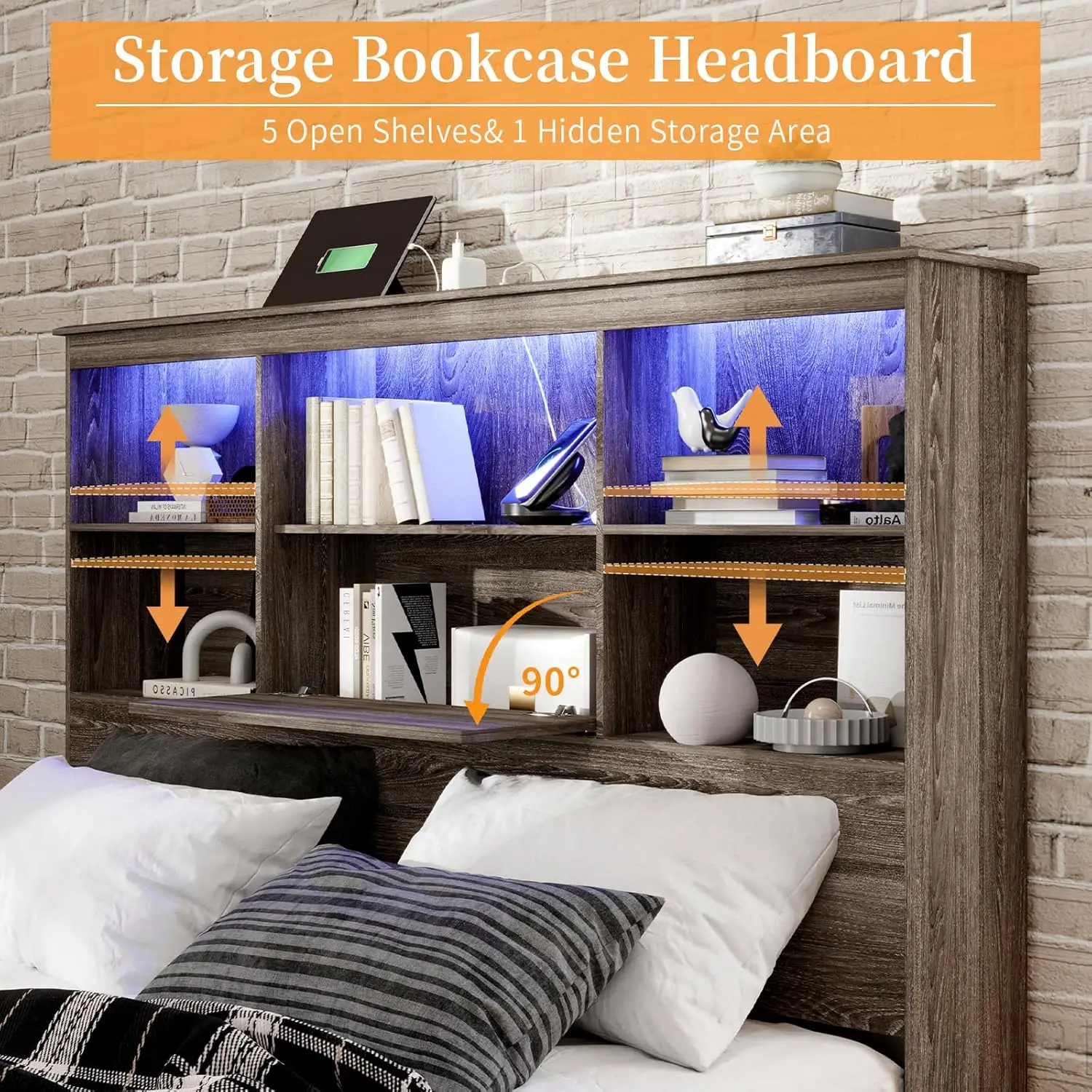 King Size Bed Frame with LED Bookcase Headboard, Wooden Storage Bed with Charging Station & 4 Drawers, No Box Spring Needed 6