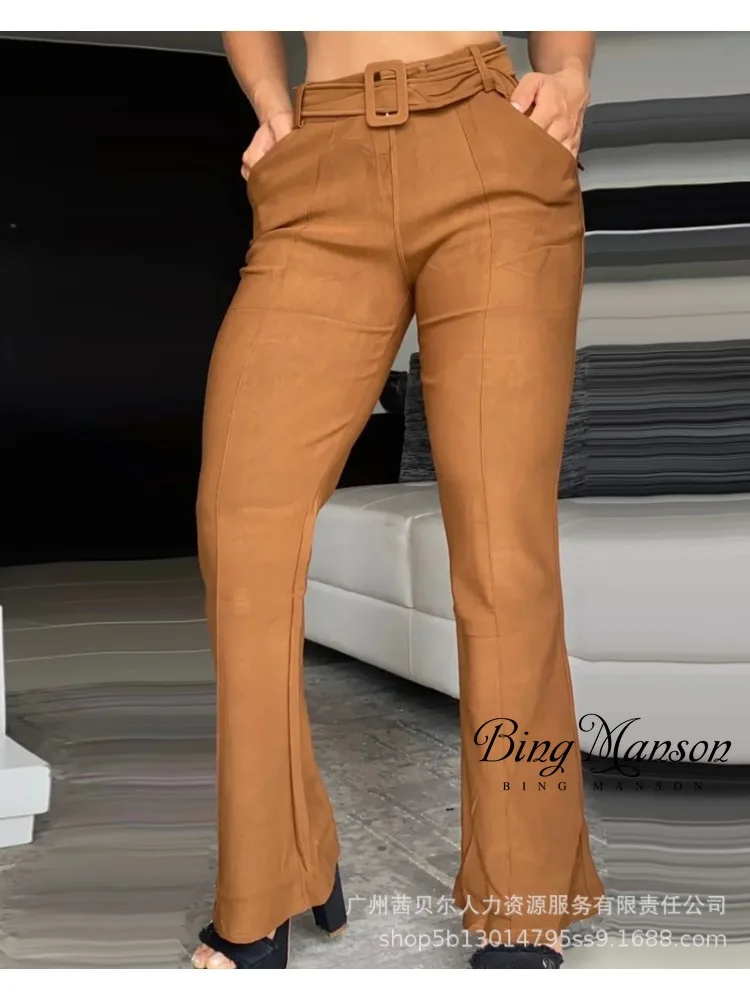 

2023 Summer Women's New Solid Belt Slim Fit Pants European and American Women's Casual Wear Fashion Women's Commuter Y2K Pants