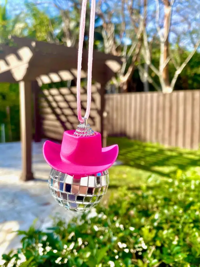 pink cowgirl cowboy hat car charm rear view mirror hanging disco ball bling  keychain western - Aliexpress