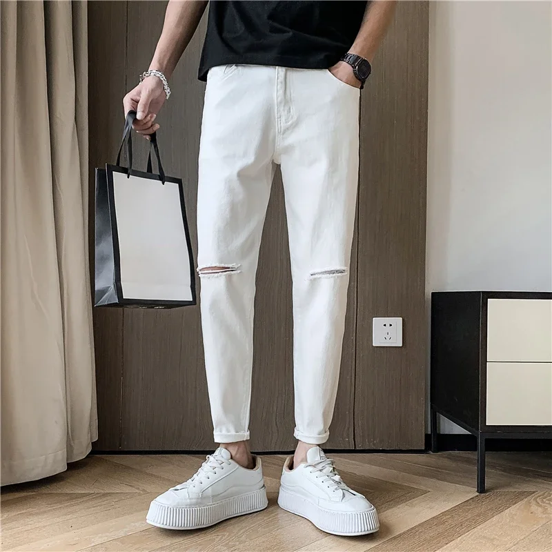 Spring New Male Knee Ripped Jeans Men's Straight Slim Small Feet Denim Trousers Streetwear Stretch Casual Pants