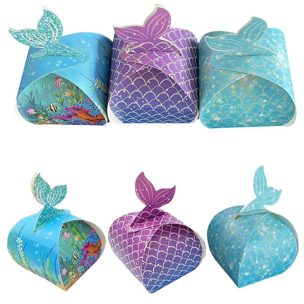 

12pcs Mermaid Tail Treat Boxes Little Mermaid Birthday Gift Bag Cute Ocean Animals Candy Boxes for Birthday Party Decorations