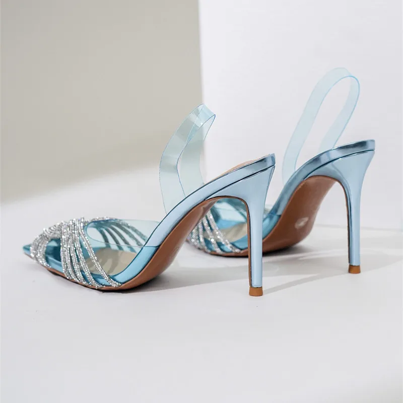 Women Slingback High Heels Shoes 10cm Thin Sandals Transparent PVC Rhinestone Gladiator for Summer Party Prom women slingback sandals women high heels shoes