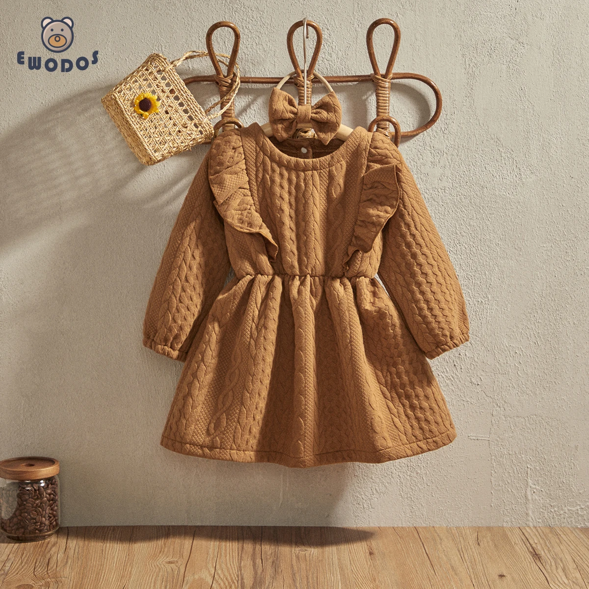 EWODOS04YearsToddlerBabyGirlsBrownJacquardDressSpringAutumn