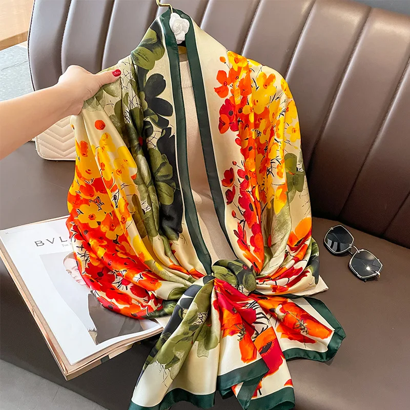 

2023 Spring And Autumn New Lmitated Silk Scarf Women Beach Long Large Size Shawl Outdoor Soft Luxury Design Scarf 180*90cm Lady