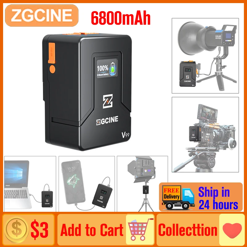 Batteria V-Mount ZGCINE ZG-V99 V2 Mini 99Wh (6800mAh) Con Uscite D-TAP, USB-C PD 65W E USB-A Per Fotocamere E Luci LED