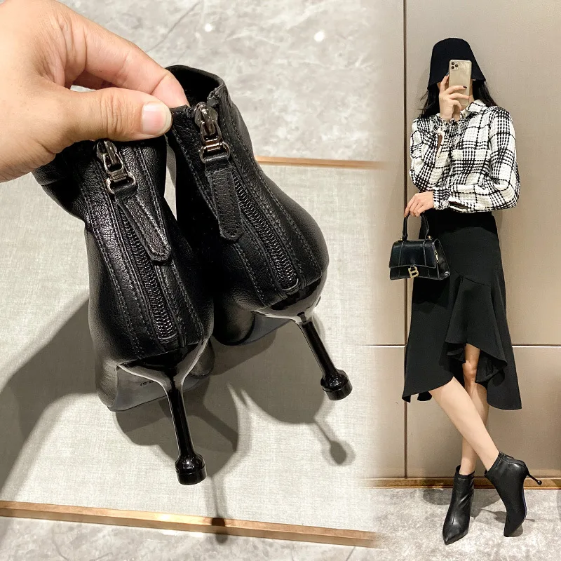 2022 New Solid Black Leather Women Boots Autumn Winter Boots Female Shoes Thin High Heel Short Boots Pointed Toe Zip Ankle Boots