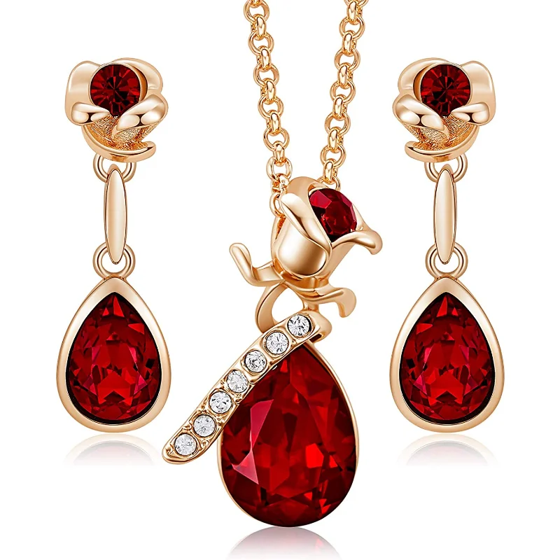 Fashion Ruby Rose Flower and Droplet Shape Pendant Necklace Earrings Set For Women Banquet Wedding Anniversary Jewelry Set Gift