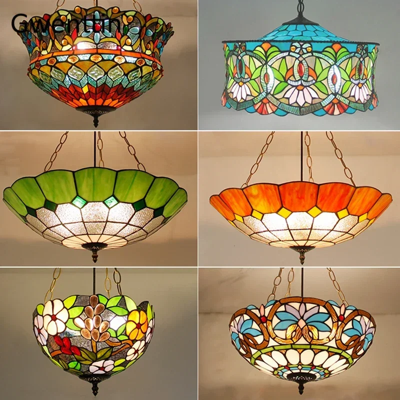 Mediterranean Tiffany Stained Glass Pendant Lights Vintage Hanging
